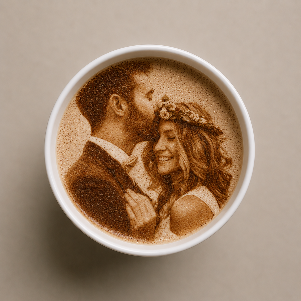Coffee+ Becher mit Hochzeit-Motiv im Milchschaum